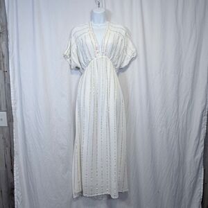 Lulus Maxi Dress White Gold Metallic Striped V-Neck Flutter Sleeve Large